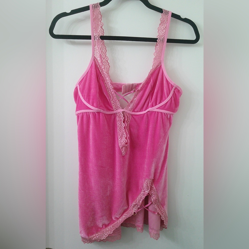 Pink Velvet Lace-Trim Tank Top with Adjustable Straps